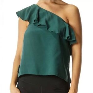 Anthropologie Maeve Emerald Silk One Shoulder Ruffle Blouse Top Size 8 Green